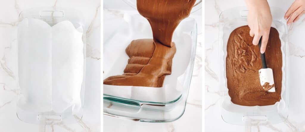 Chocolate Fudge Batter Poured in Baking Pan
