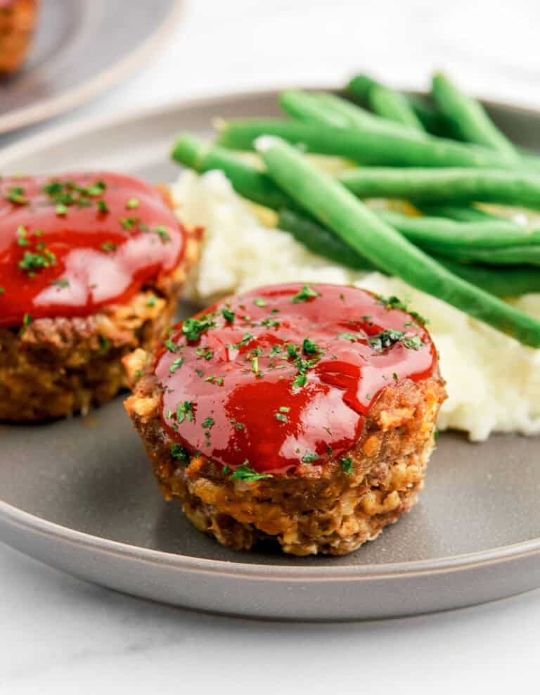 Mini Meatloaves on Grey Plate with Potatoes and Green Beans