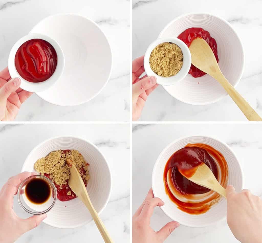 Mixing Barbecue Sauce in White Bowl With Wooden Spoon