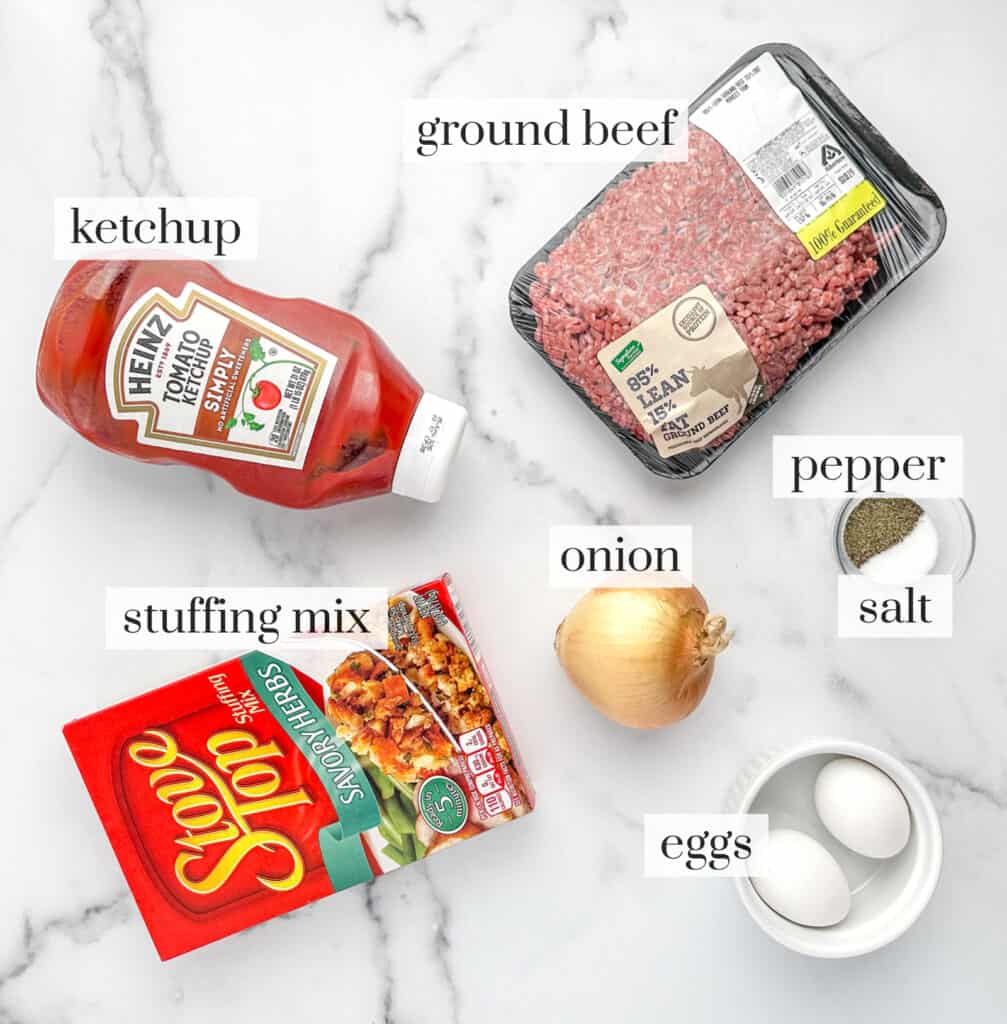 Meatloaf Ingredients Including Ketchup, Ground Beef, Box of Stuffing, Onion, Eggs, Salt, and Pepper