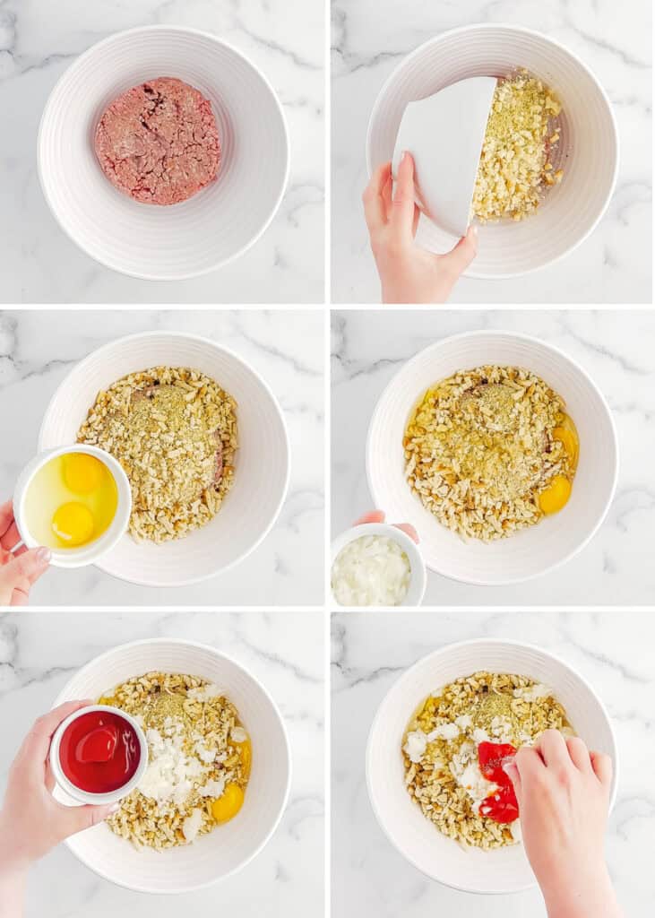 Mini Meatloaf Mixing Ingredients in White Mixing Bowl