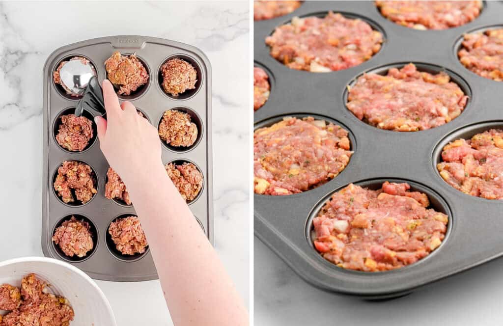 Adding Meat Mixture to Muffin Tin Cups