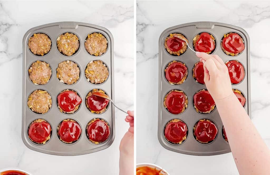 Adding Sauce to Meatloaf in Muffin Tin