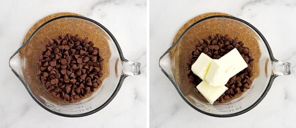 Chocolate Chips and Butter in Bowl for Ganache Layer