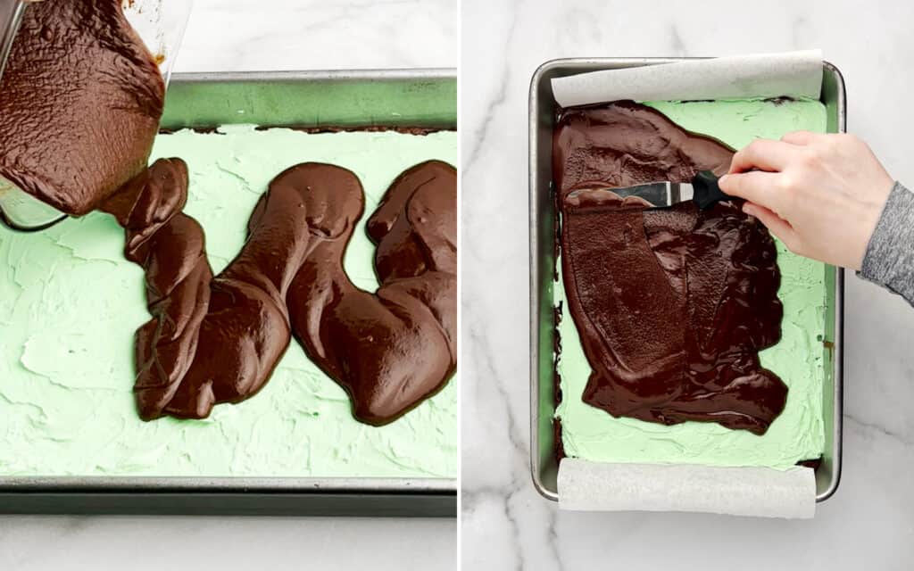 Spreading Chocolate Ganache on Mint Filling and Brownies in Pan