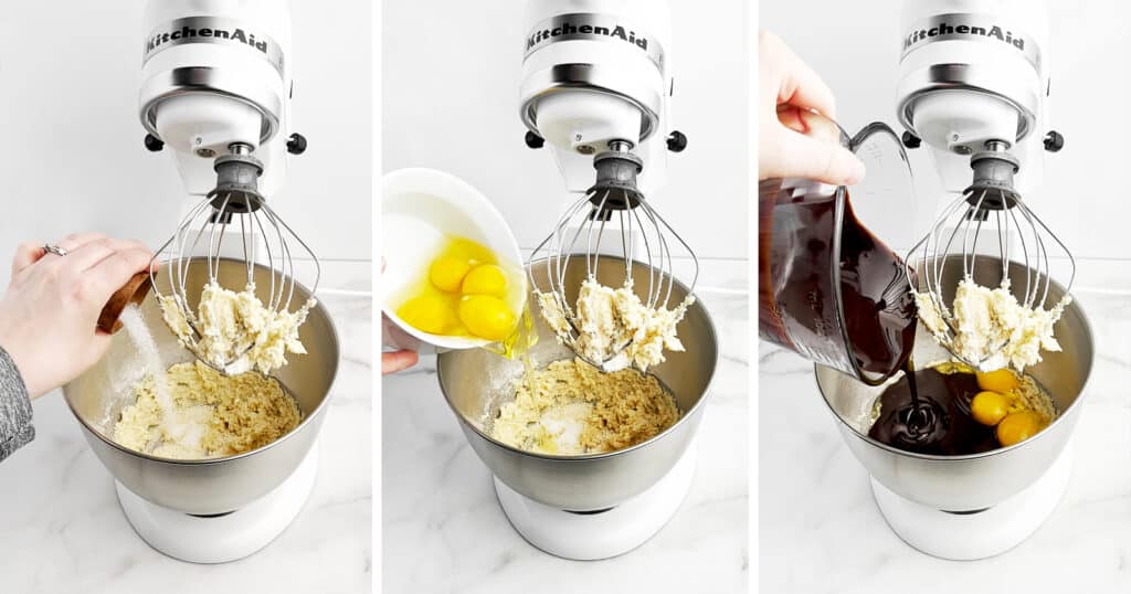 Adding Salt, Eggs, Chocolate Syrup to the Flour Mixture in Stand Mixer