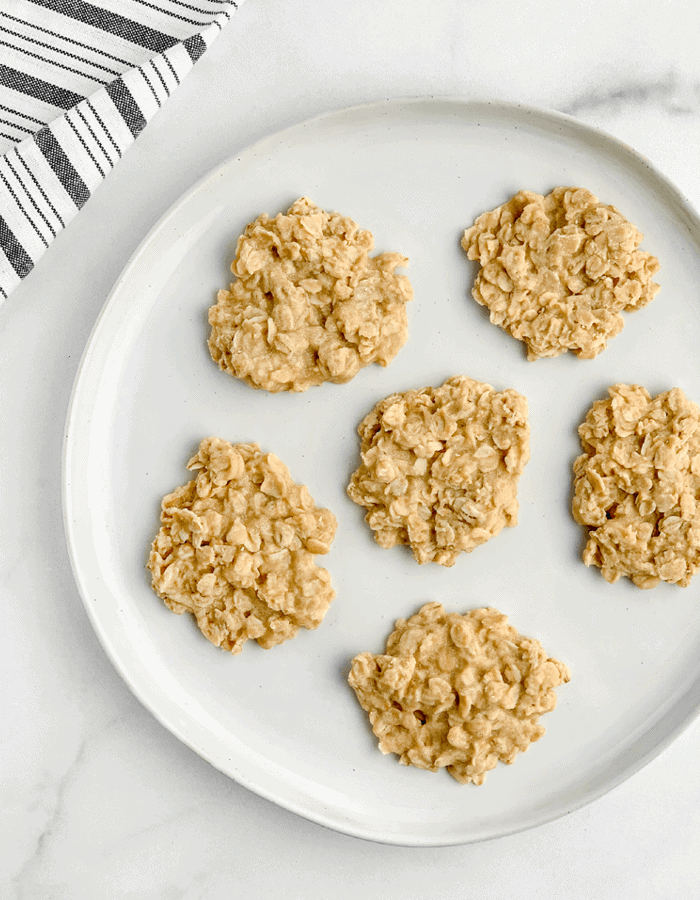 No Bake Peanut Butter Oatmeal Cookies on a Plate with Towel