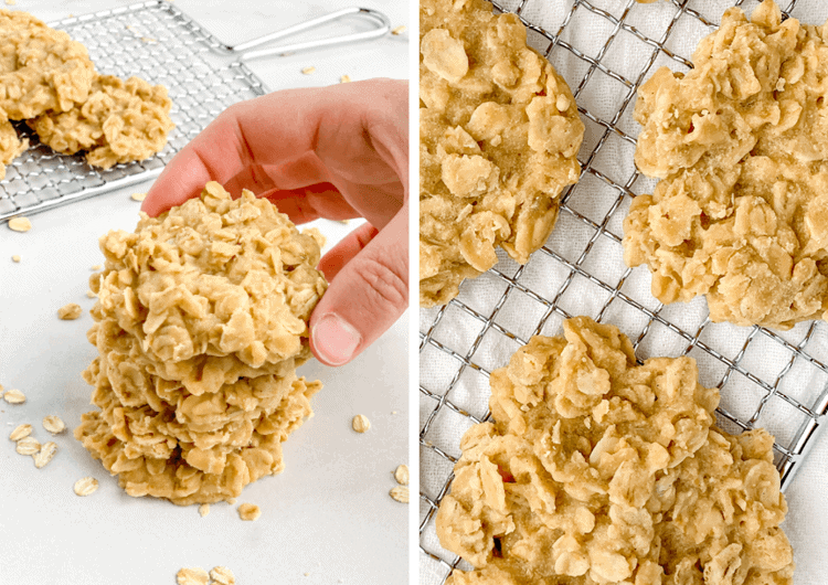 Person Taking One No Bake Peanut Butter Oatmeal Cookie with More Cookies on Baking Rack