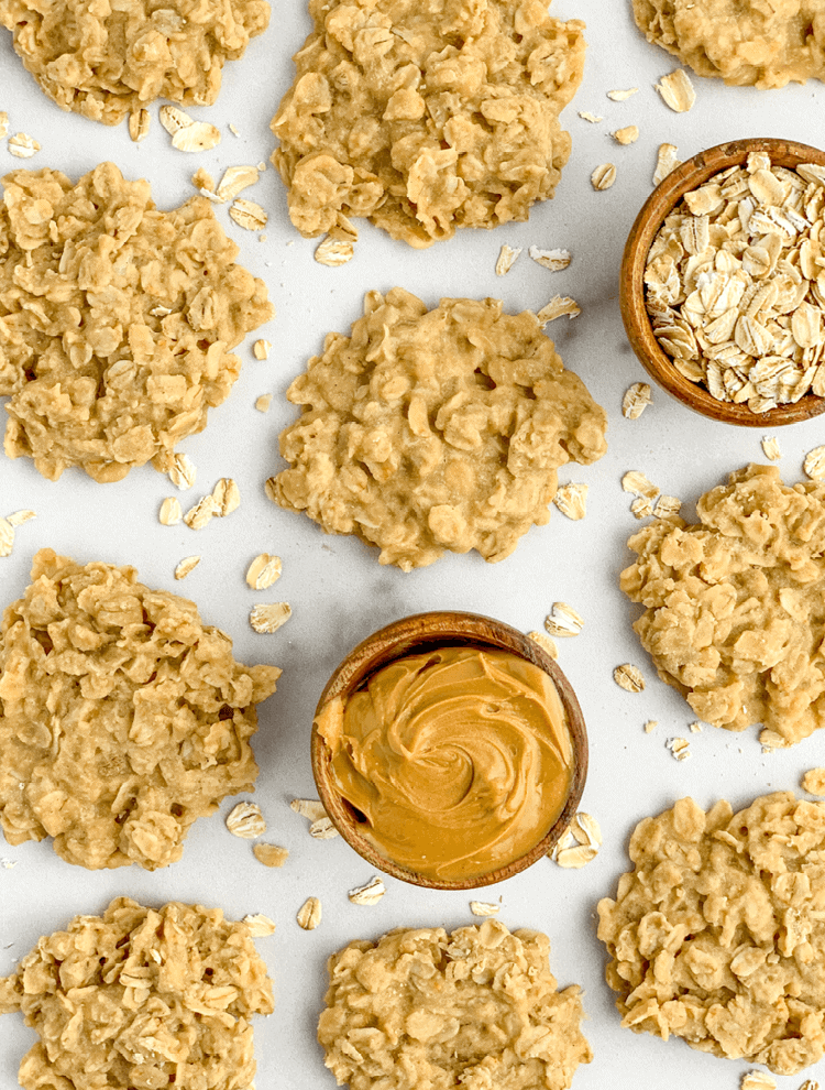 No Bake Peanut Butter Oatmeal Cookies with Bowls of Oatmeal and Peanut Butter