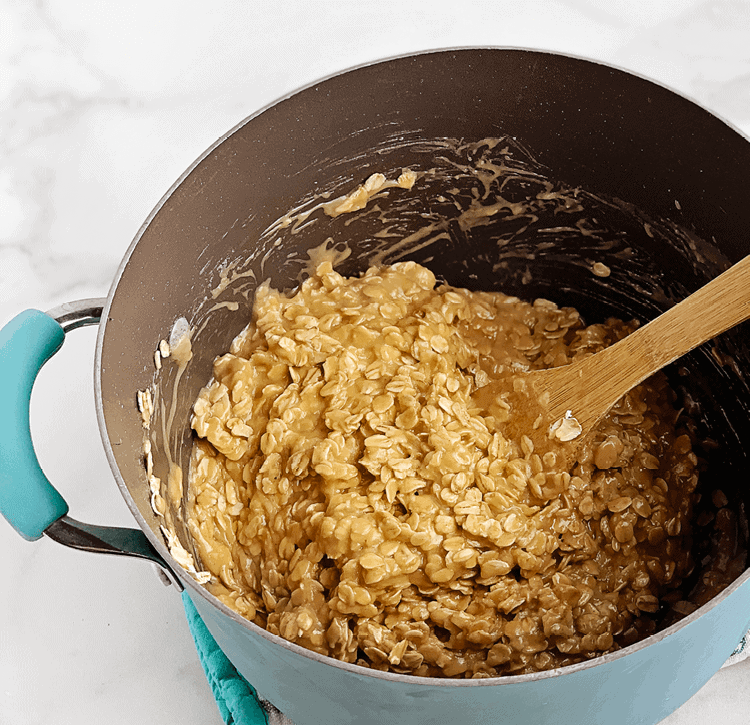 No Bake Peanut Butter Oatmeal Cookies in Pan on Stovetop