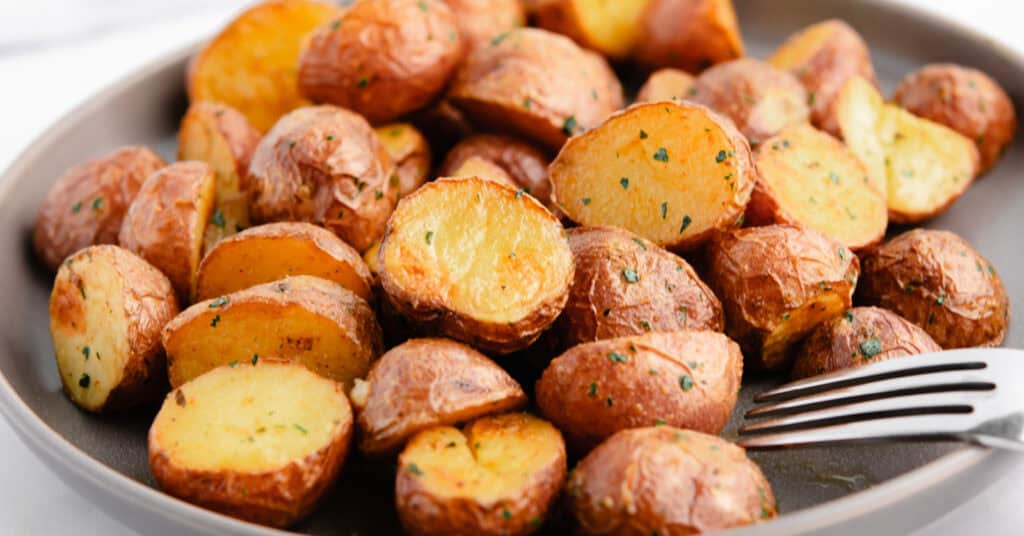 Oven Roasted Potatoes on Grey Plate with Fork