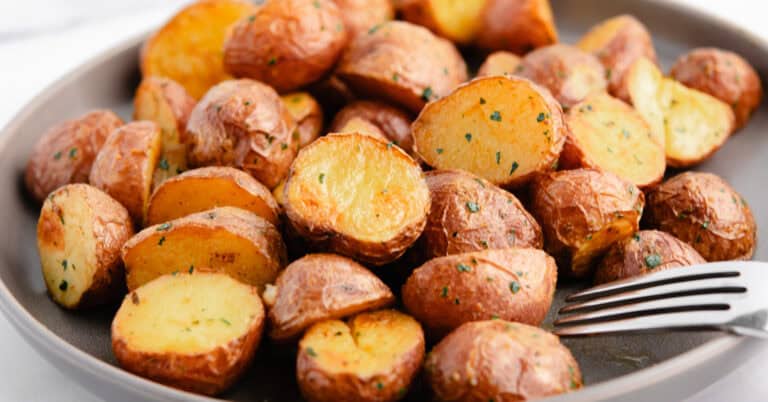 Oven Roasted Potatoes on Grey Plate with Fork