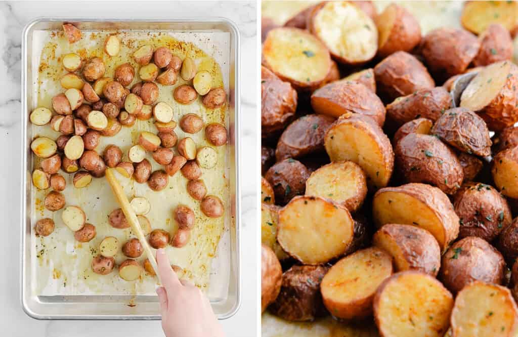 Stirring Baked Potatoes on Baking Sheet