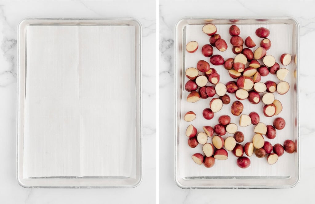 Adding Potatoes to Parchment Line Baking Sheet