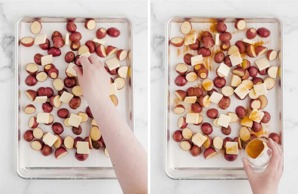 Adding Butter and Seasoned Salt to Potatoes on Baking Sheet