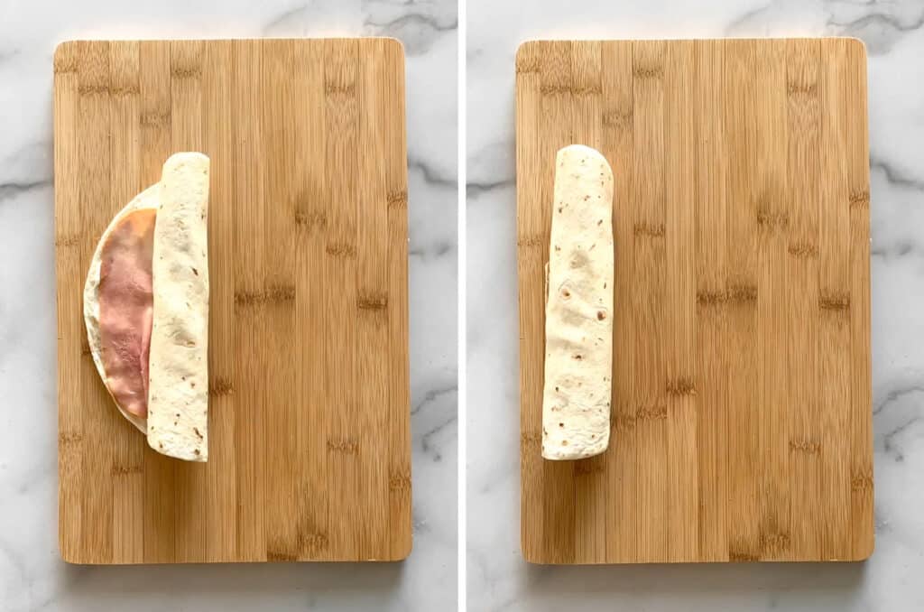 Rolling Up Tortilla with Pickle, Ham, and Cream Cheese