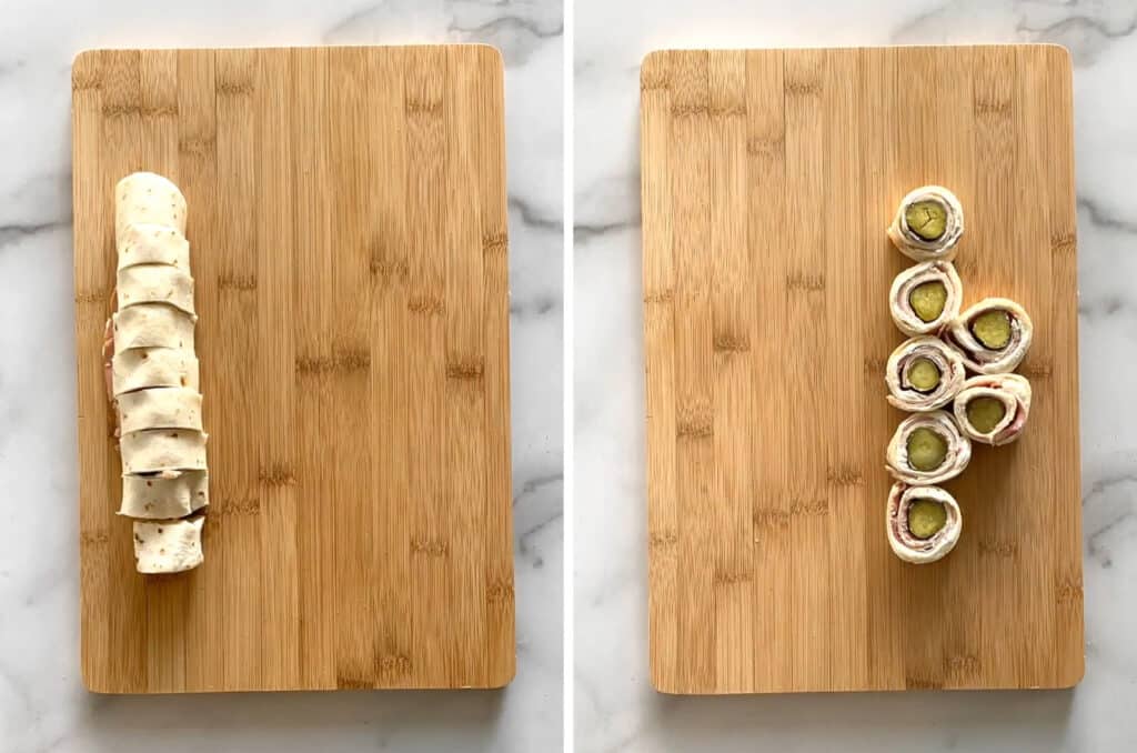 Slicing Tortilla Rollups on Cutting Board