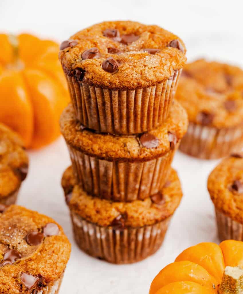 Stack of Pumpkin Chocolate Chip Muffins