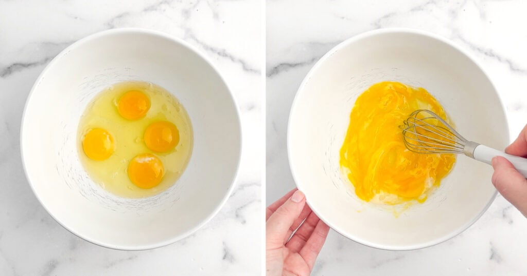 Whisking Eggs in White Bowl