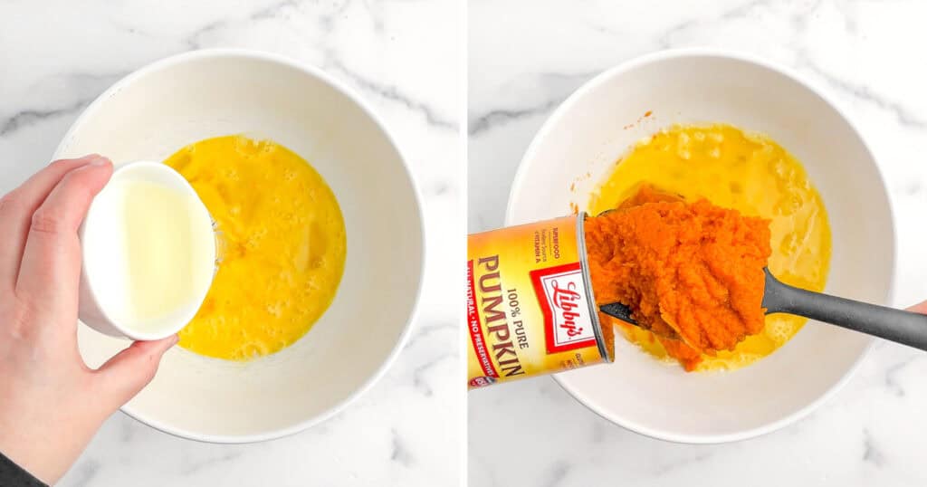 Adding Oil and Pumpkin Puree to Egg Mixture in White Bowl