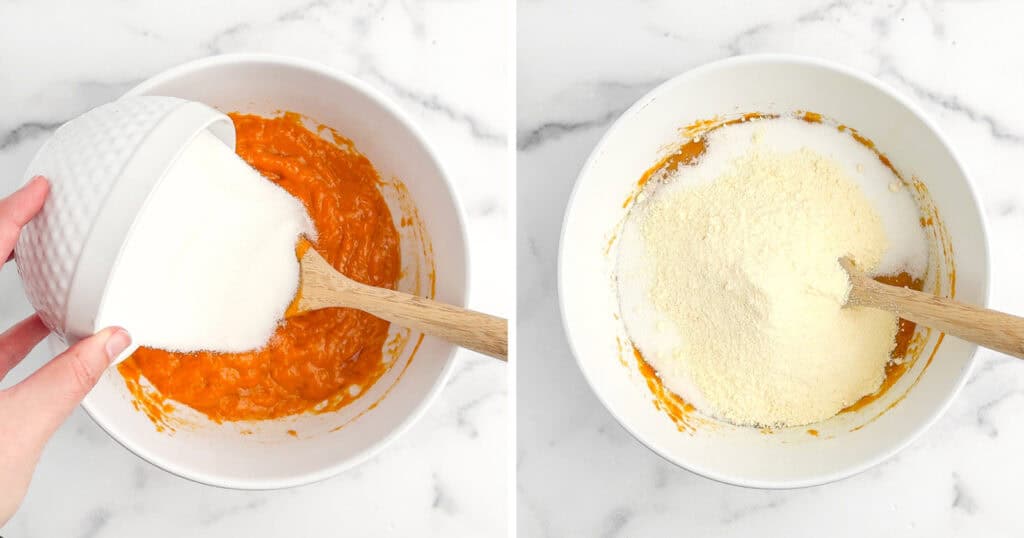 Adding Sugar and Pudding to Pumpkin  Mixture in White Bowl