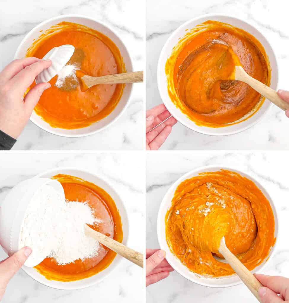 Adding Dry Ingredients to Pumpkin Mixture in White Bowl