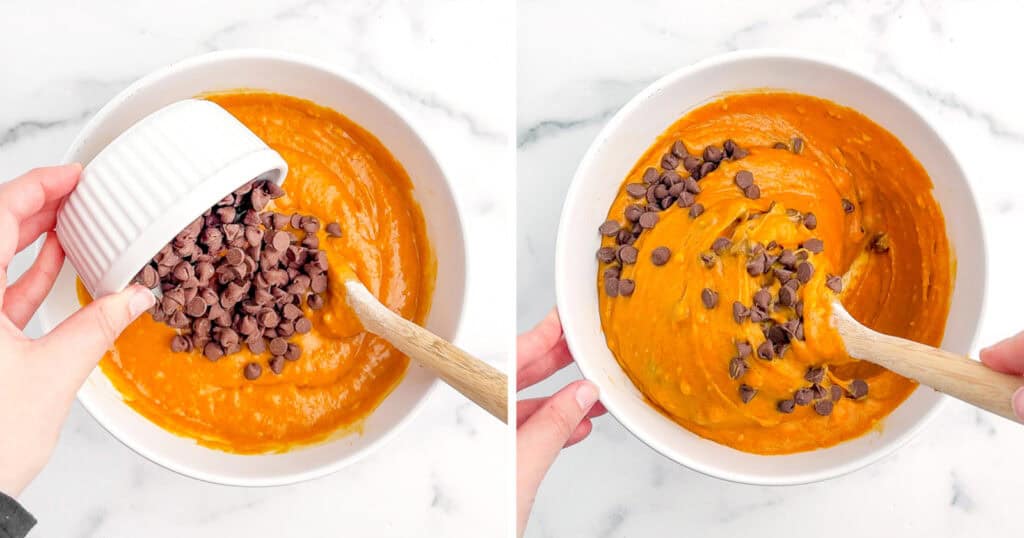 Adding Chocolate Chips to Pumpkin Mixture in White Bowl