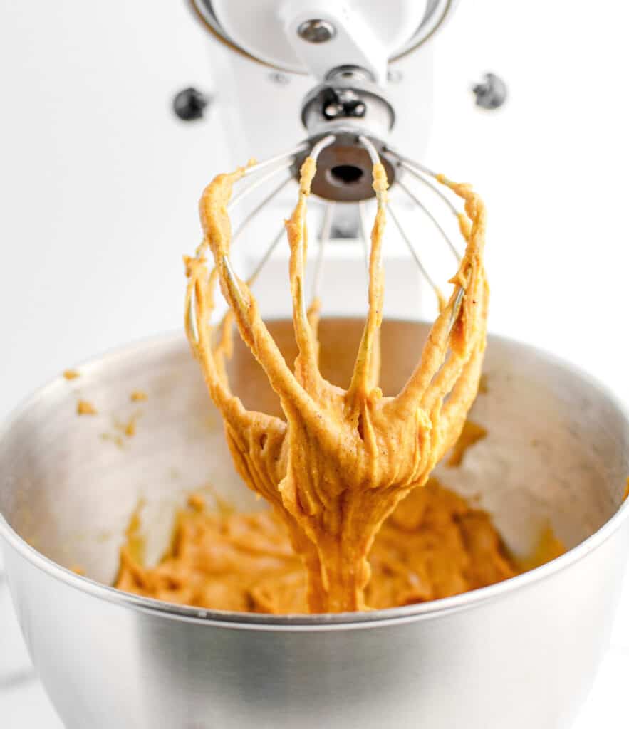Pumpkin Batter on Whisk of Stand Mixer