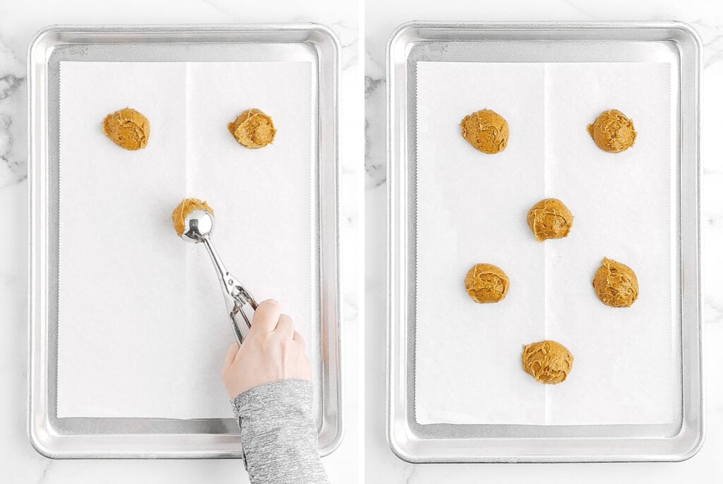 Dropping Cookie Mixture onto Parchment Covered Baking Sheet