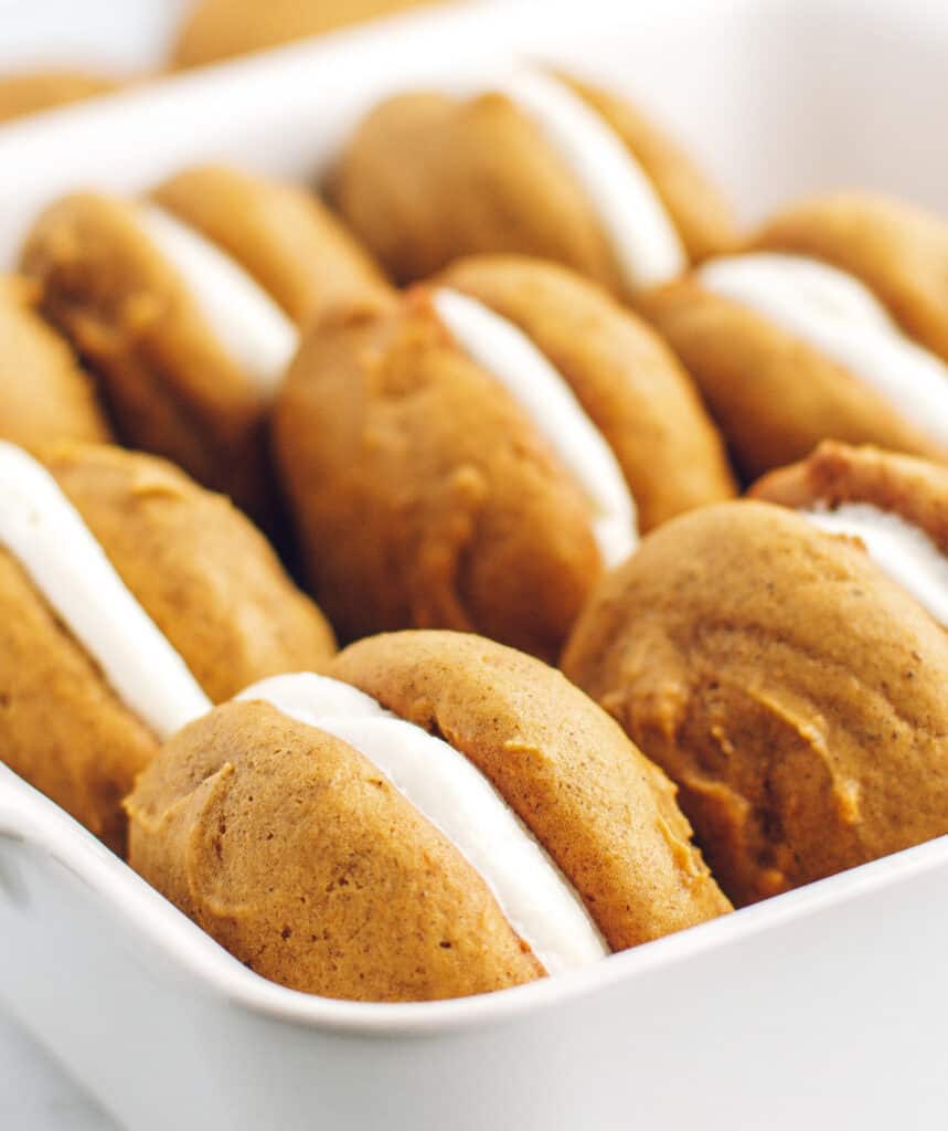 White Pan Lined with Pumpkin Whoopie Pies