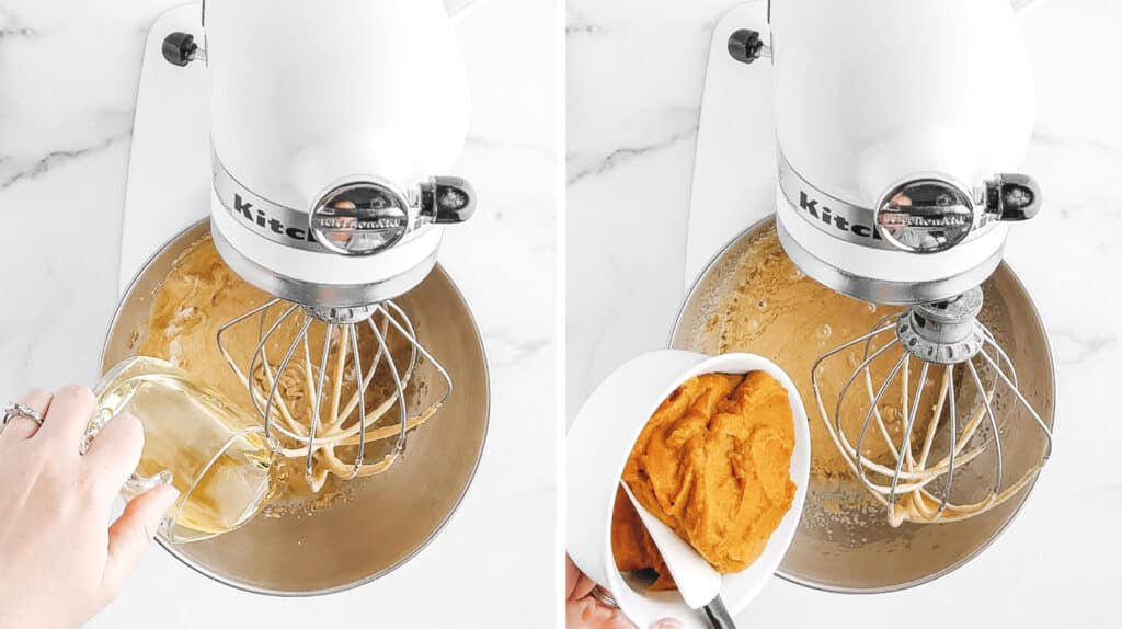 Adding Oil and Pumpkin to Sugar Mixture