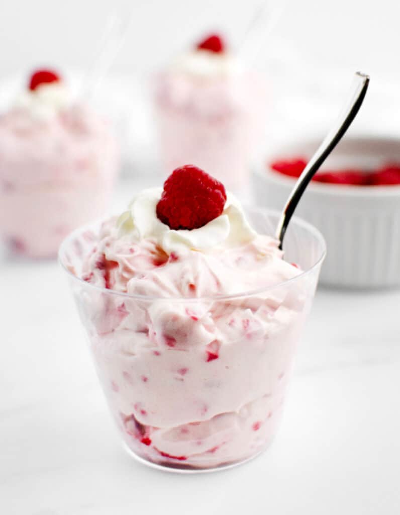 Raspberry Cheesecake Salad in Small Cups with Spoon