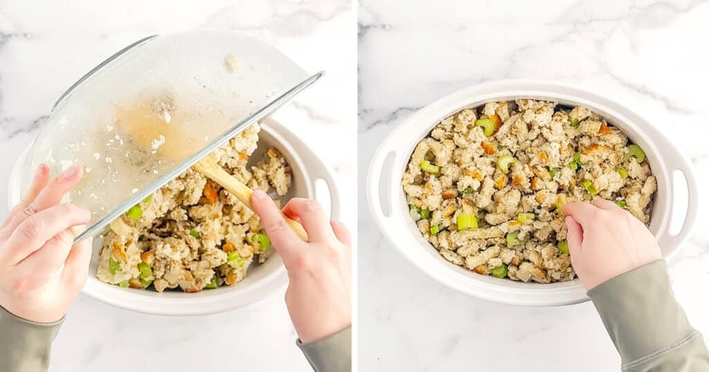 Adding Stuffing Mixture to Oval White Baking Dish