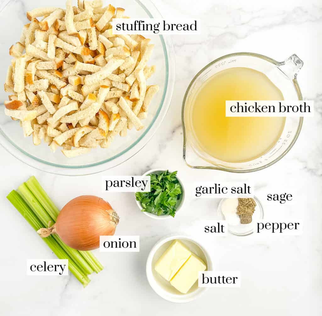 Ingredients for Stuffing in Bowls on White Marble Surface