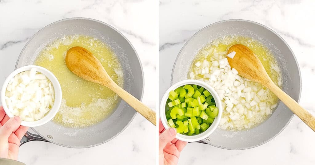 Sauteing Onions and Celery in Butter in Saucepan