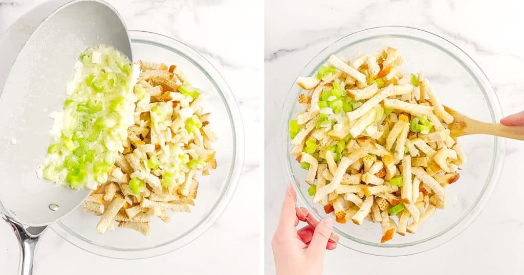 Adding Butter with Onions and Celery to Bread Cubes