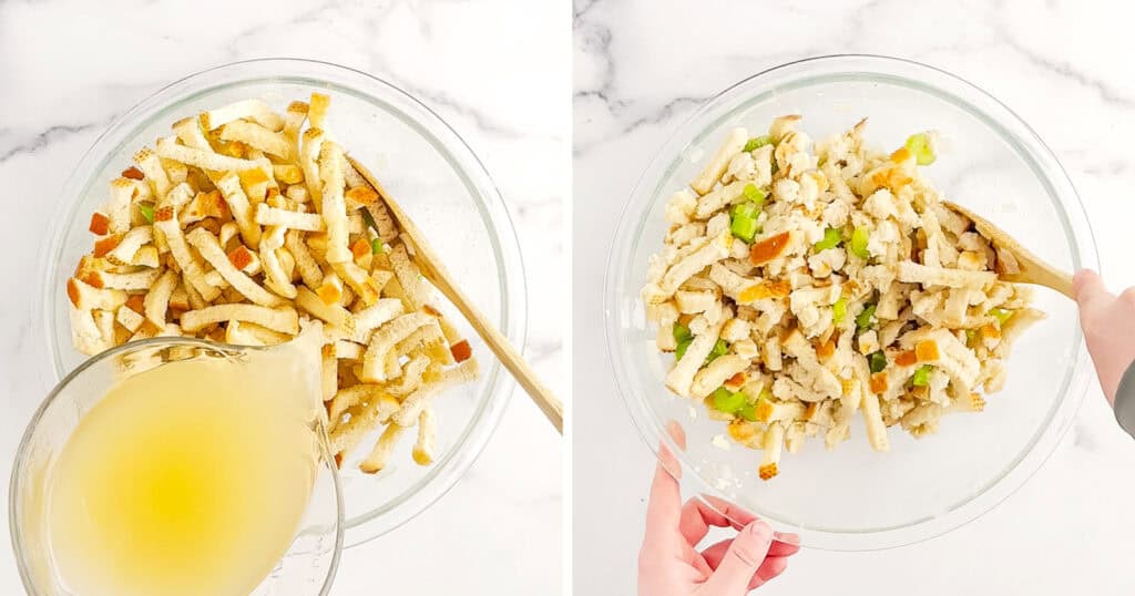 Adding Chicken Broth to Bread Mixture in Bowl