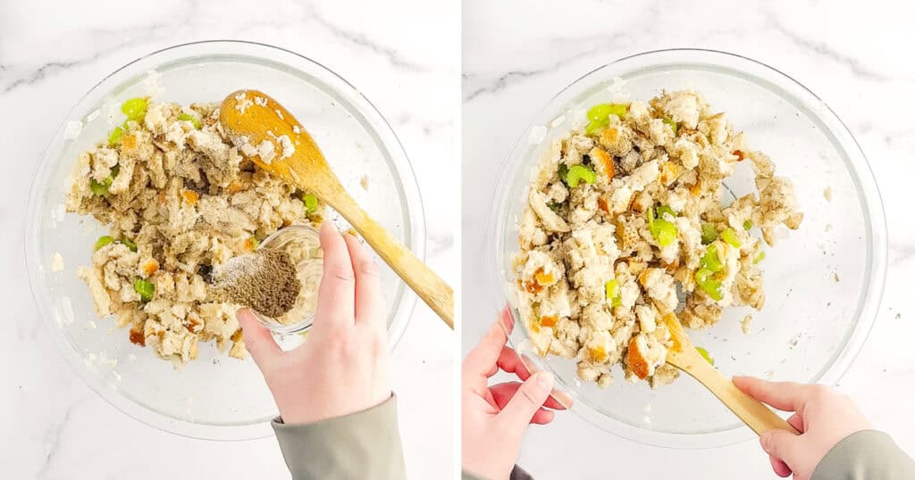 Adding Seasonings to Stuffing Mix in Bowl