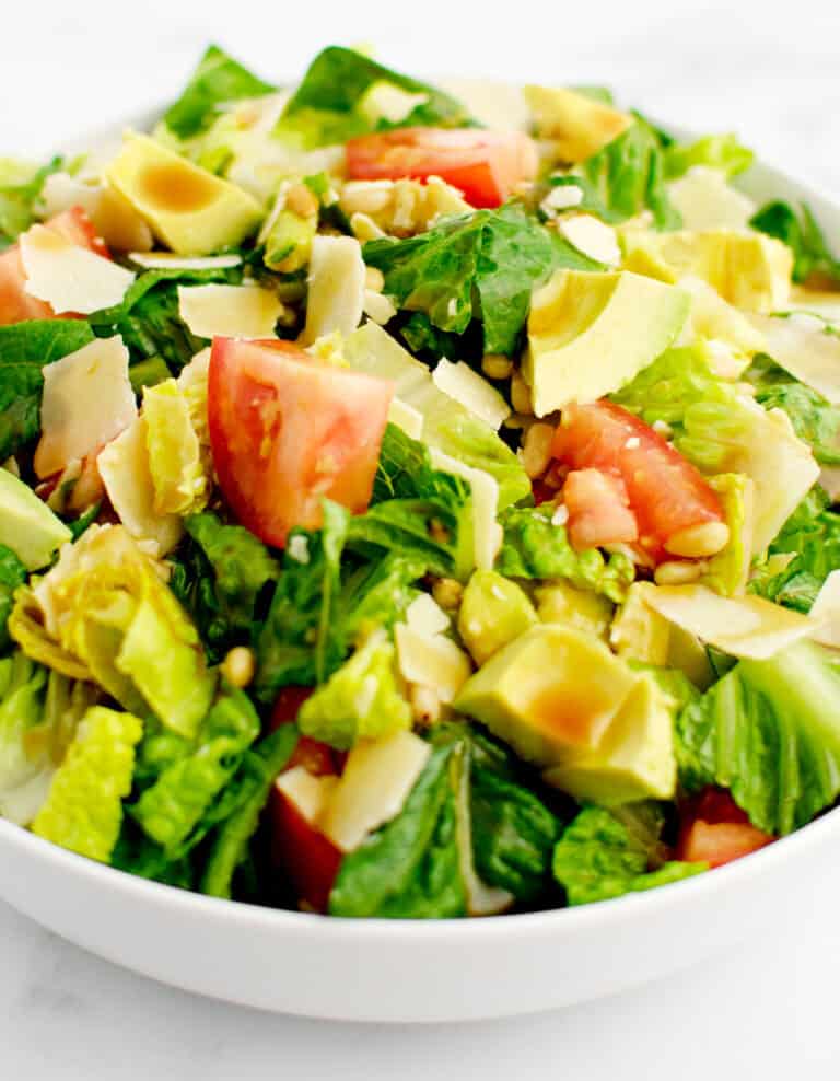Avocado Salad with Dijon Balsamic Dressing in White Serving Bowl