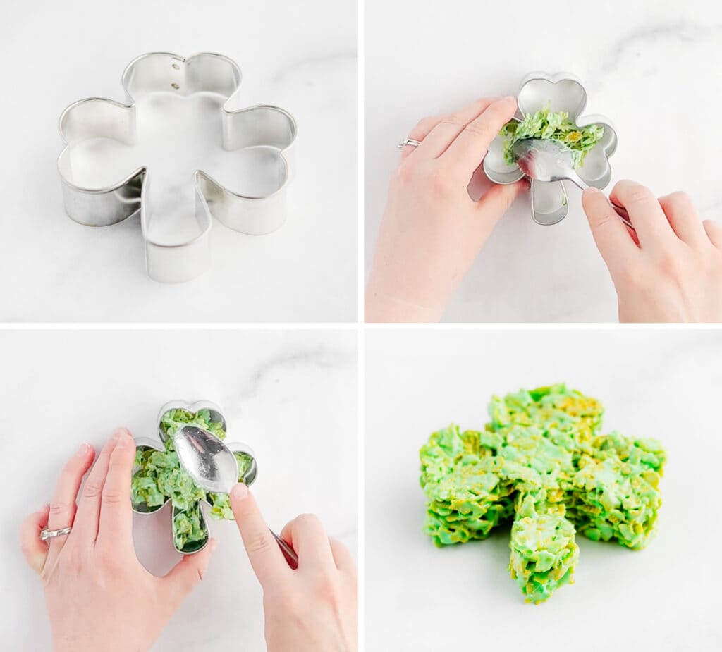 Pressing Corn Flake Mix Into Clover Cookie Cutter
