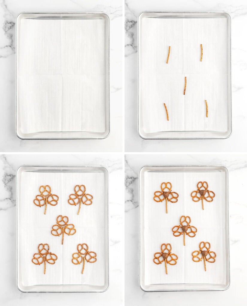 Pretzels and Hershey Kisses on Baking Sheet with Parchment