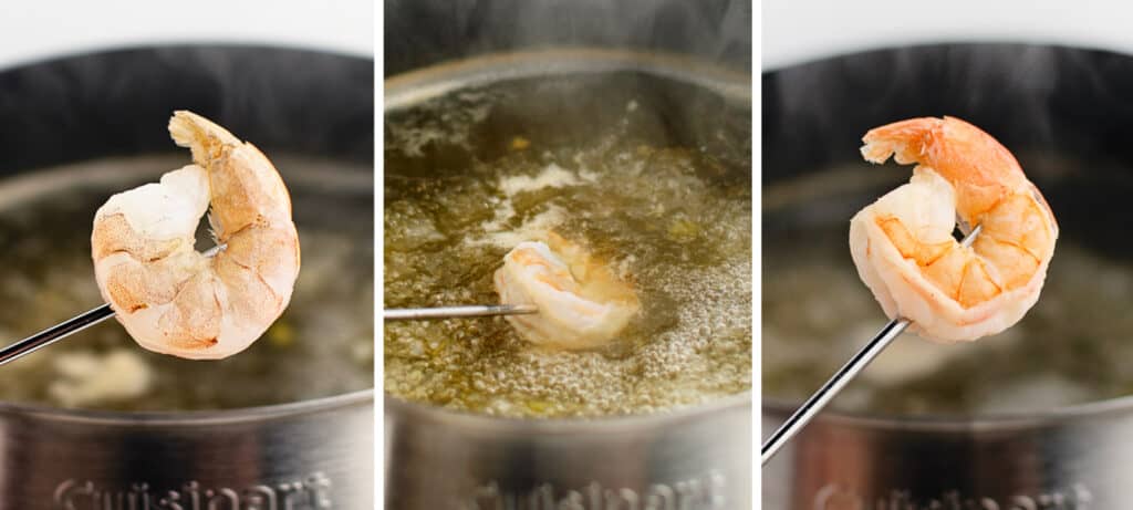 Raw Shrimp (left) Cooking (middle) Cooked Shrimp (right) on Fondue Fork