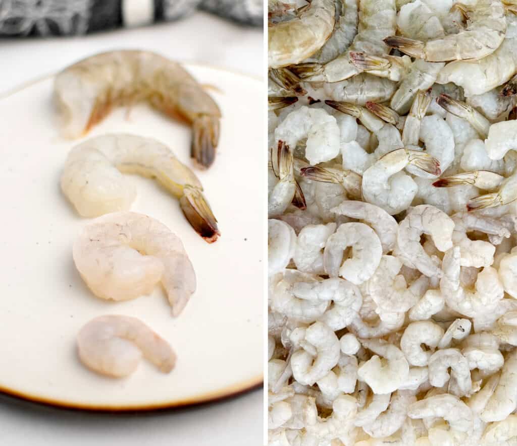 Various Shrimp Sizes on Plate (left) Piles of Shrimp in Different Sizes (right)