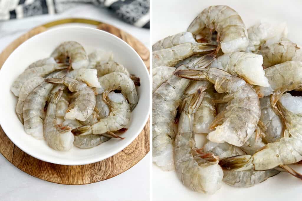 Raw Jumbo Shrimp in Bowl (left) in Pile (right)