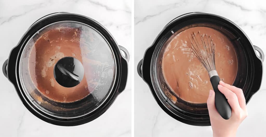 Covering and Slow Cook Hot Chocolate Mix (left) Stirring (right)