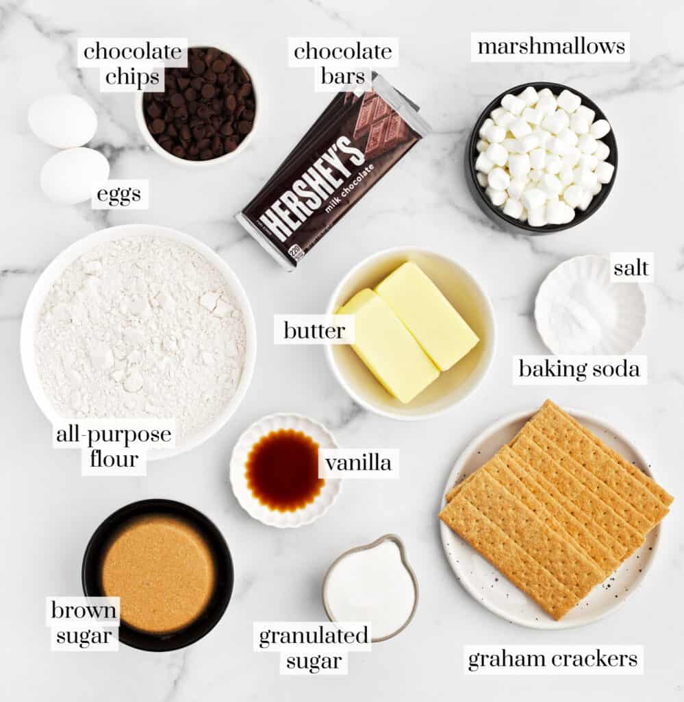 Ingredients for S'mores Cookies on White Marble Surface