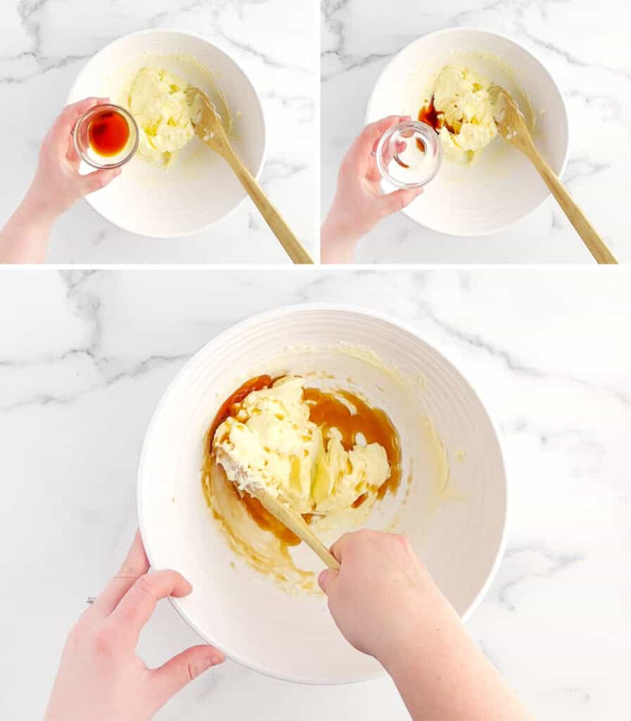 Adding Vanilla and Water to Butter Mixture in White Bowl