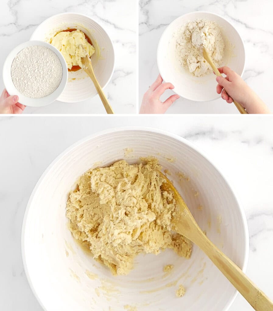 Adding Flour to Sugar and Butter Mixture in White Bowl with Wooden Spoon