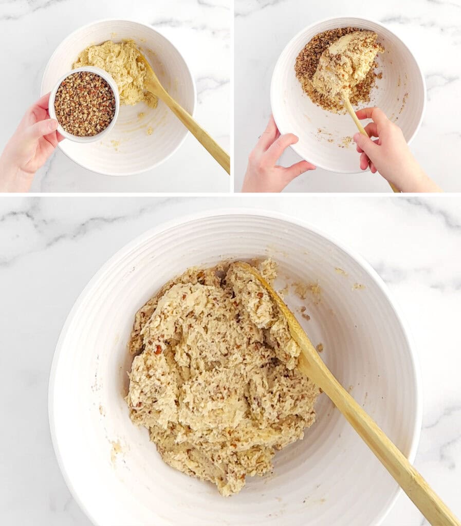 Adding Pecans to Cookie Dough in White Bowl
