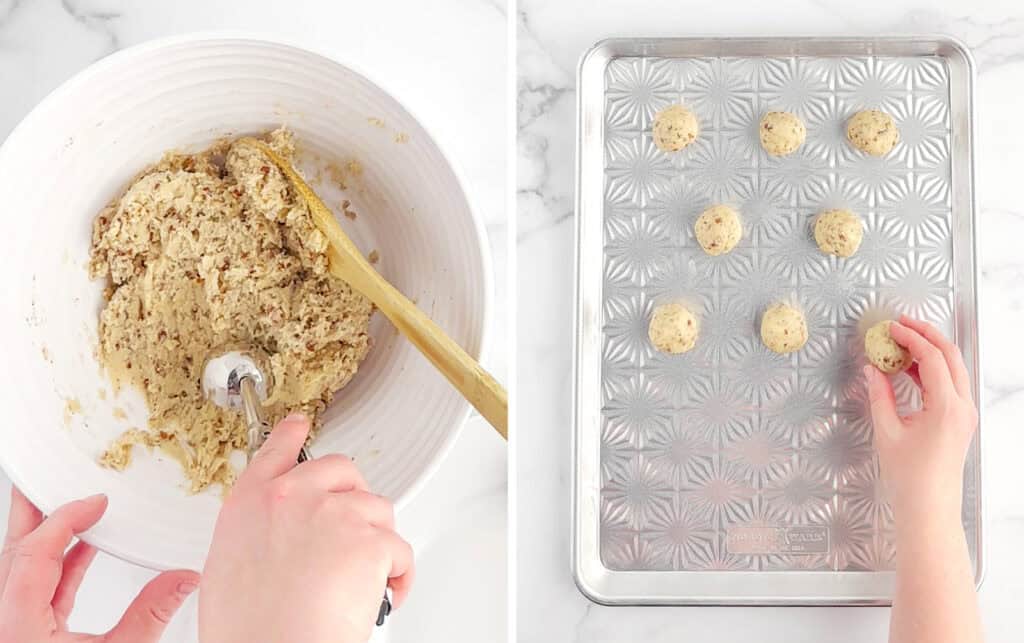 Scooping Cookie Dough from Bowl and Forming Intro Balls on Baking Sheet